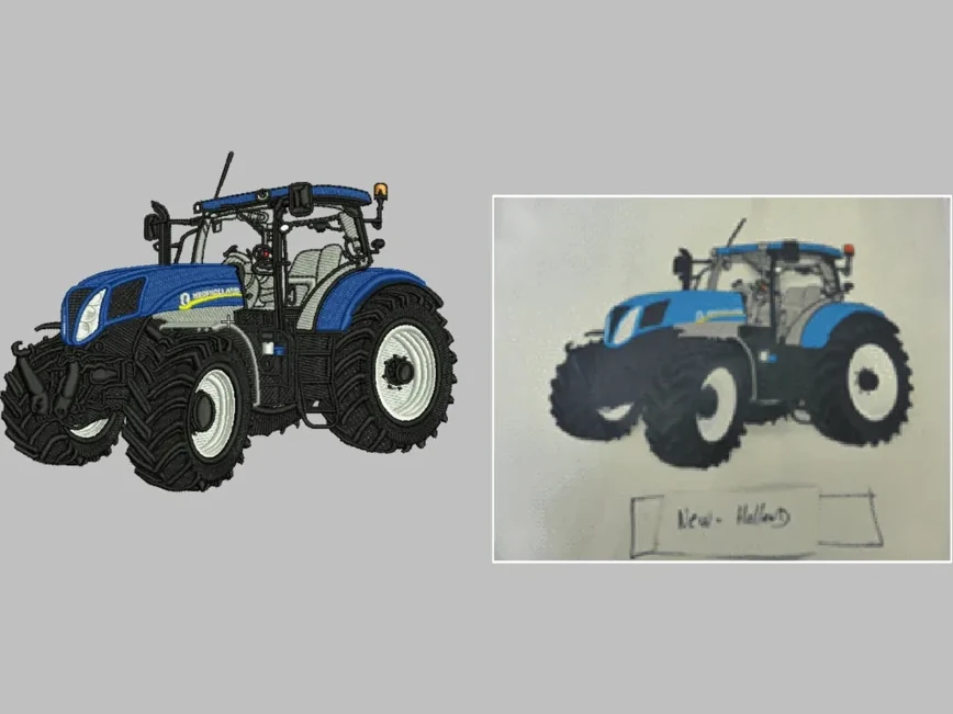 New Holland Tractor Sketch to Stitch — Detailed Illustration Digitizing sample