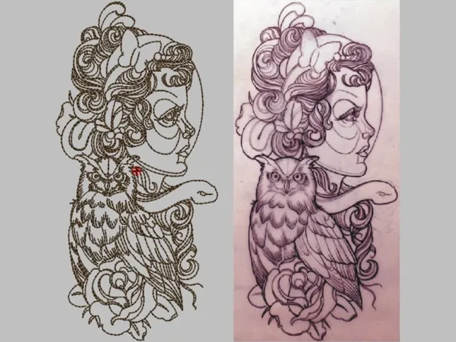 Tattoo Lady and Owl Sketch — Outline & Redwork Digitizing sample